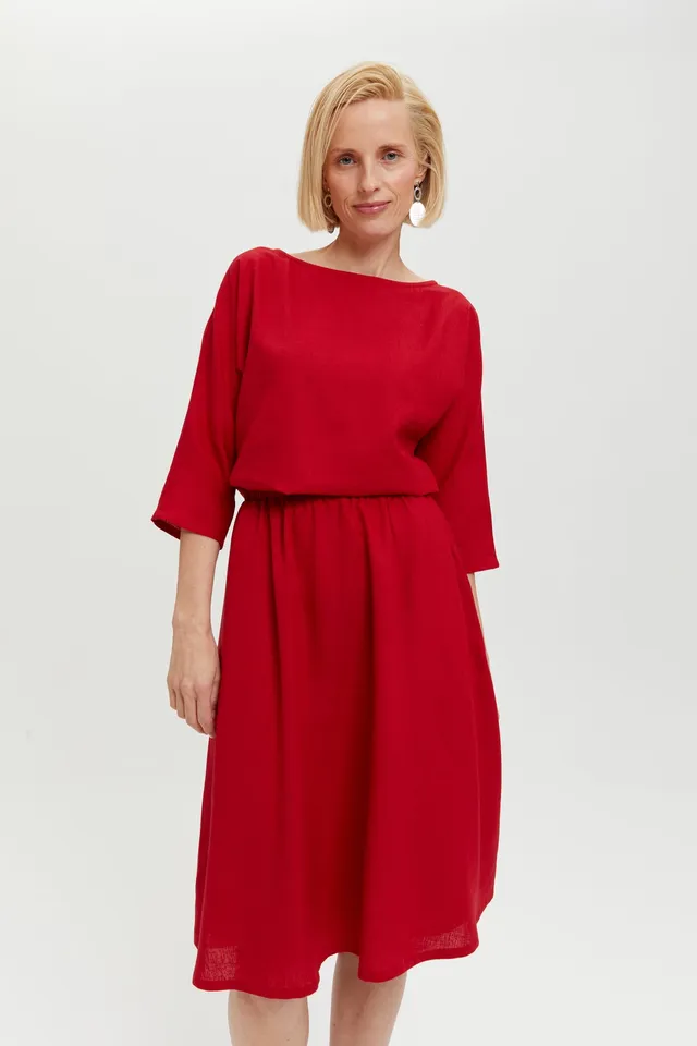 ayani-nane-leinen-kleid-mit-3-4-rmeln-in-rot image 1