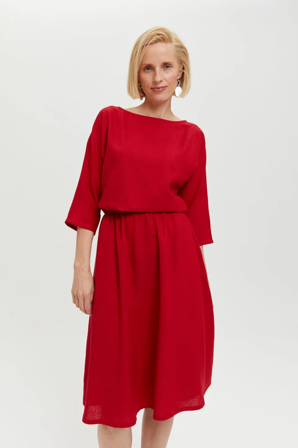 ayani-nane-leinen-kleid-mit-3-4-rmeln-in-rot image 1