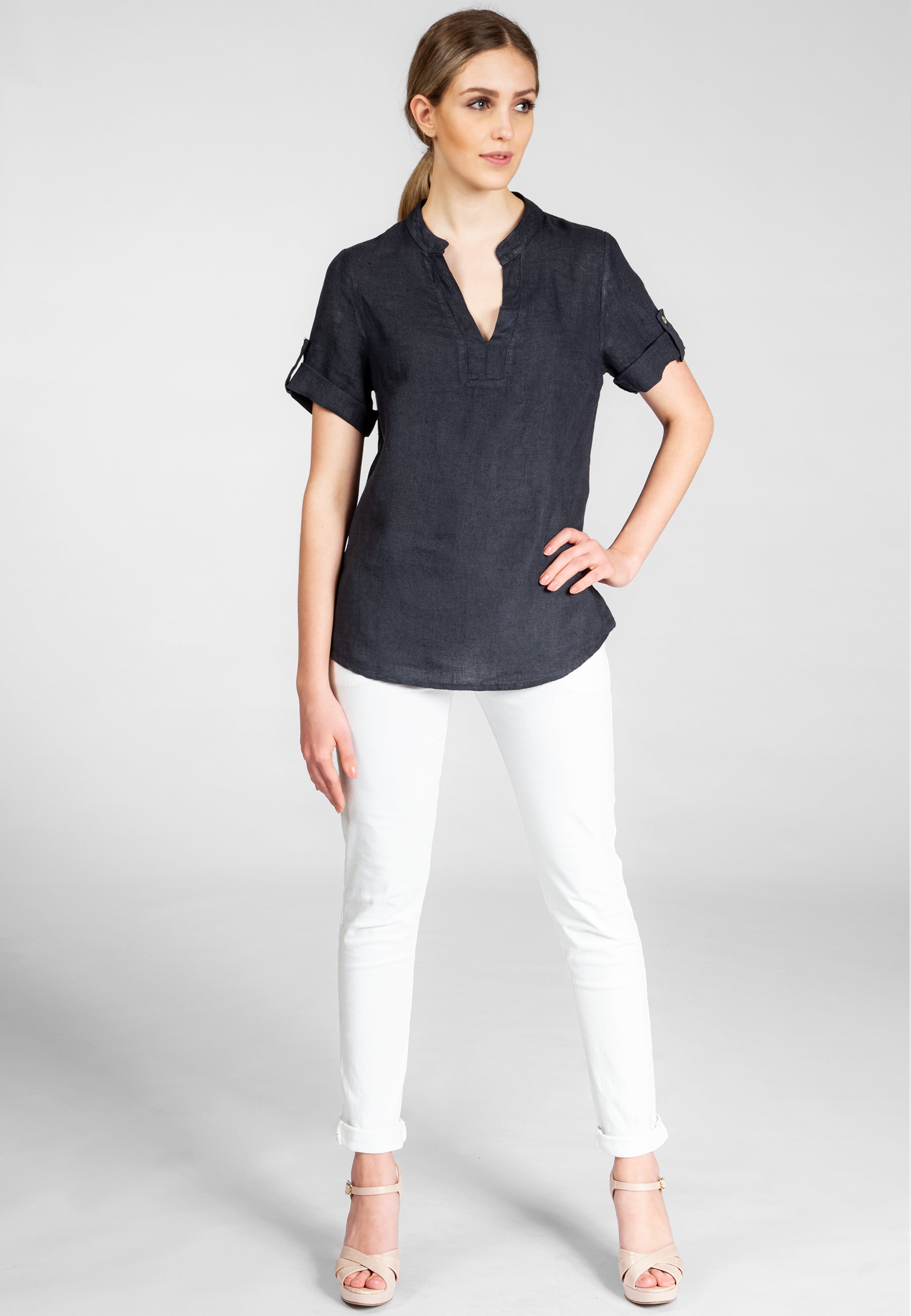 caspar-bluse-no-024-leinen-shirtbluse-mit-v-ausschnitt image 2