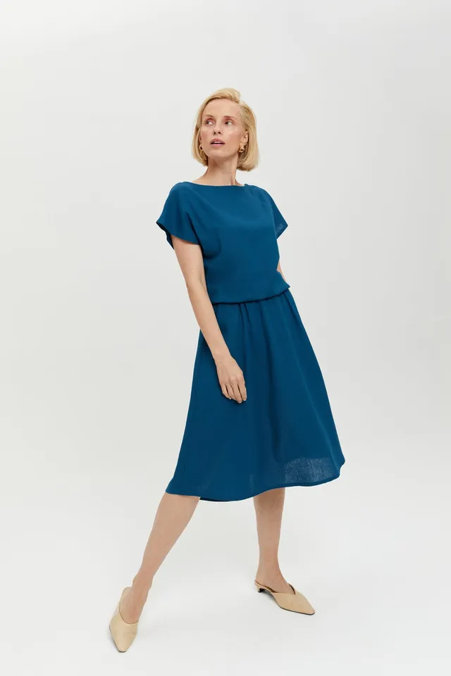 ayani-nane-leinen-kleid-mit-kurzarm-in-petrol-blau image 1