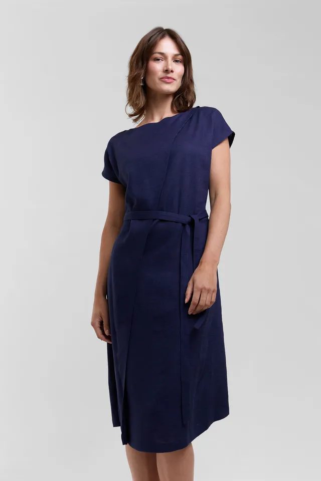 ayani-julia-elegantes-midi-kleid-mit-tailleng-rteln-in-dunkelblau image 1