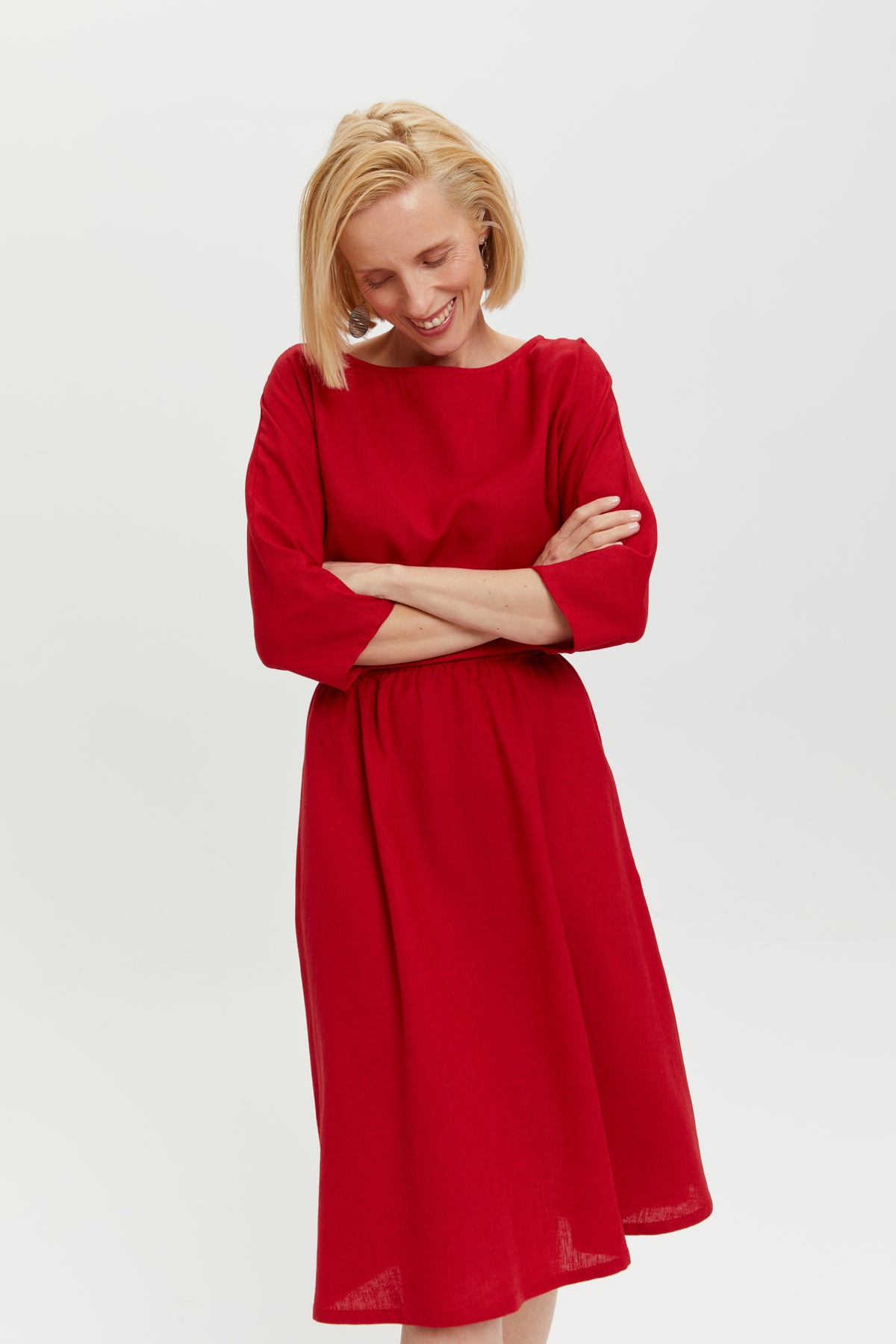 ayani-nane-leinen-kleid-mit-3-4-rmeln-in-rot image 3