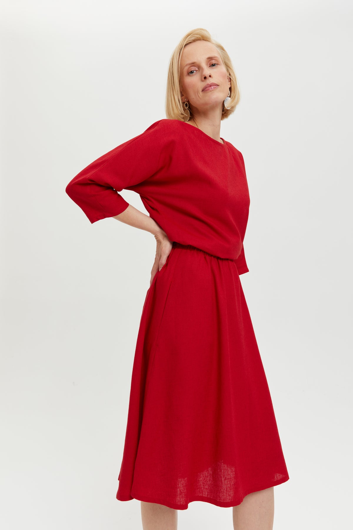 ayani-nane-leinen-kleid-mit-3-4-rmeln-in-rot image 2